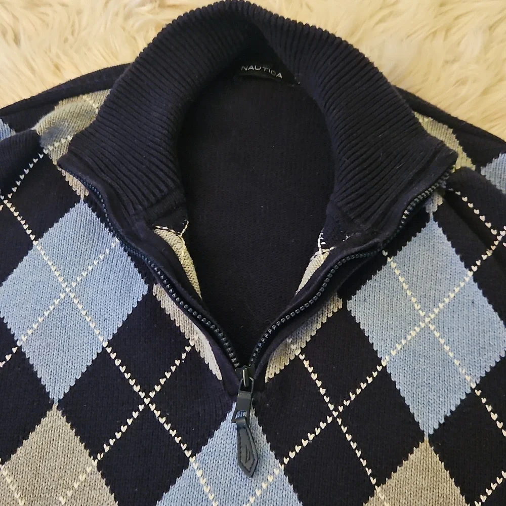 Nautica Navy Argyle Half-Zip Sweater – Size XL